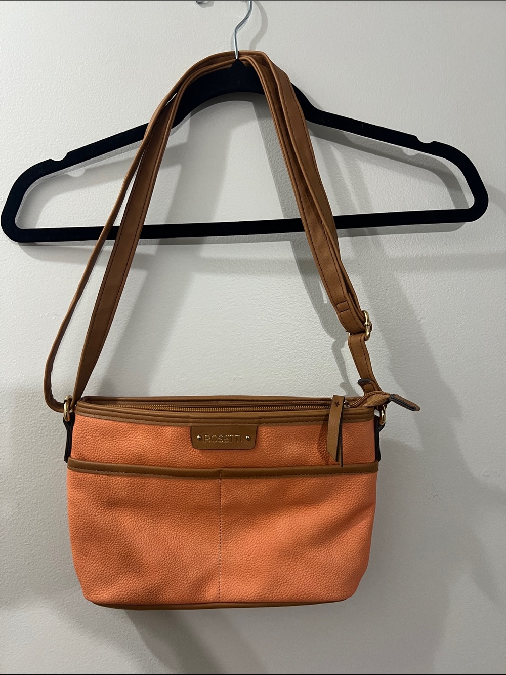 Rosetti Peach-Orange Crossbody with Adjustable Tan Strap
